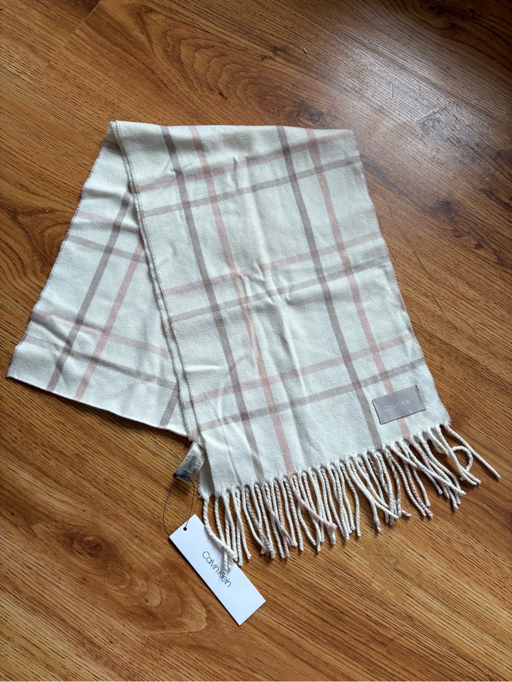 Calvin Klein Cream Plaid Scarf with Pink and Light Gray Stripes NWT